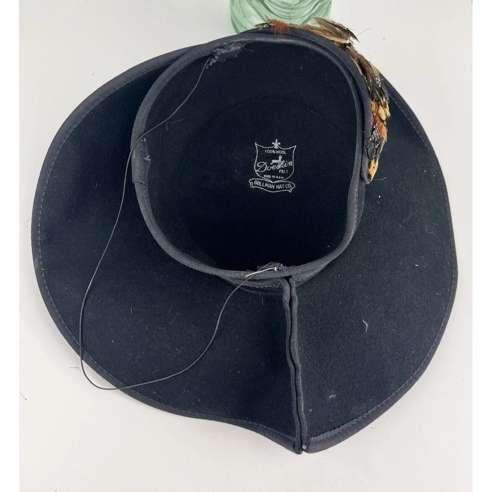 Vintage 40s 50s Tilt Hat Black Feather Brown Tan Felt USA Asymmetrical Wool Felt